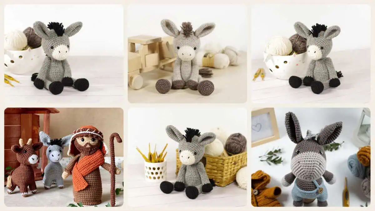 A selection of the crochet patterns in 40 Donkey Crochet Patterns for Farm Animal Fans, Gifts, and Nursery Decor