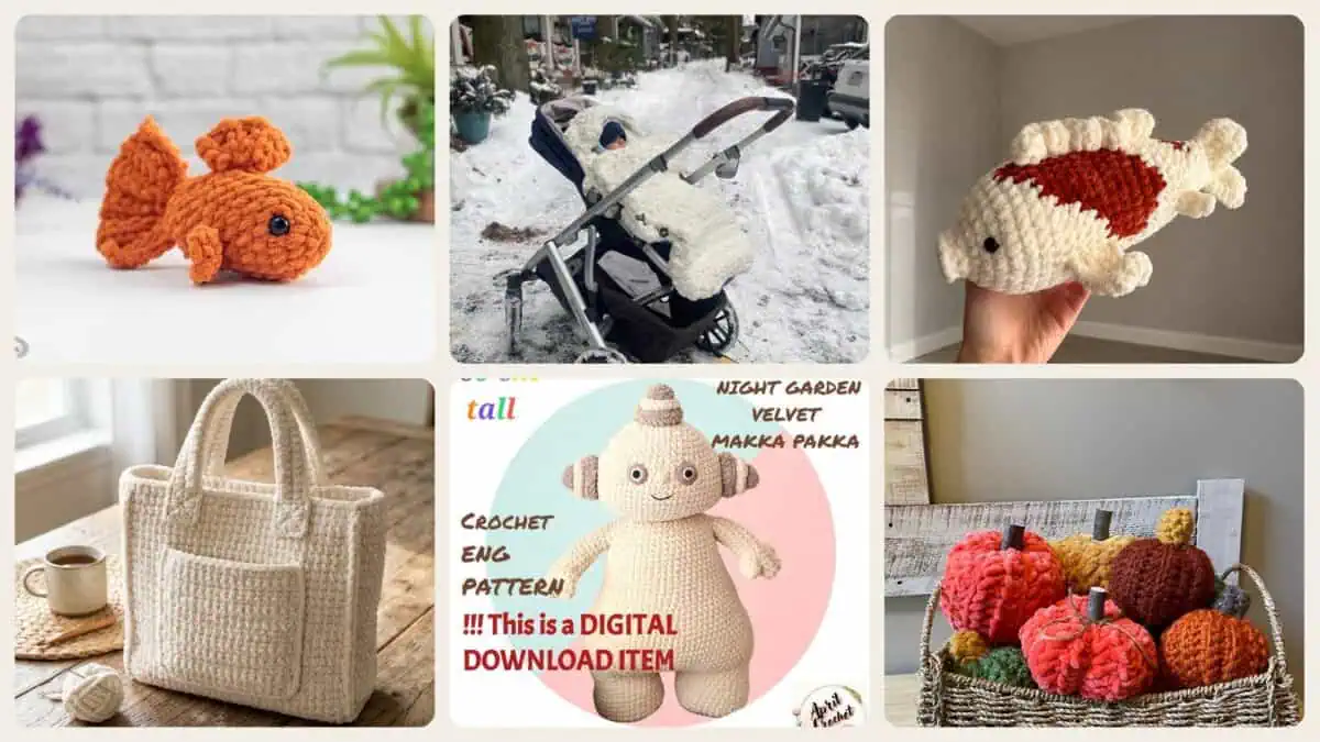 A selection of the crochet patterns in 6 Chenille Yarn Crochet Patterns for Soft Plushies, Cozy Decor, and Cute Gifts