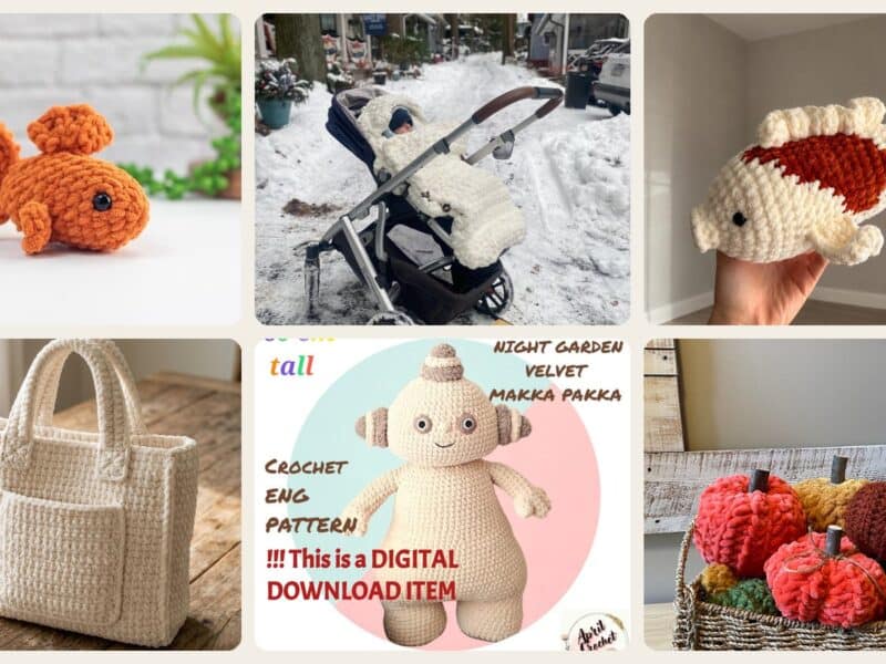 A selection of the crochet patterns in 6 Chenille Yarn Crochet Patterns for Soft Plushies, Cozy Decor, and Cute Gifts