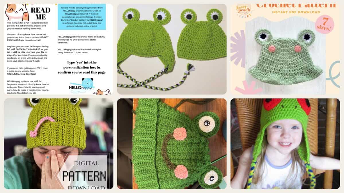 A selection of the crochet patterns in 20 Frog Hat Crochet Patterns for Playful Animal Hats, Balaclavas, and Amigurumi Projects