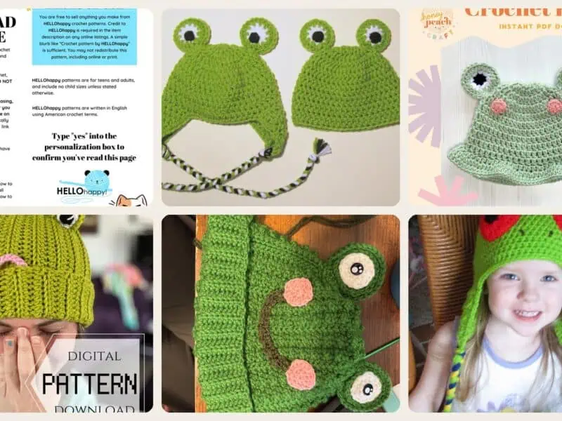 A selection of the crochet patterns in 20 Frog Hat Crochet Patterns for Playful Animal Hats, Balaclavas, and Amigurumi Projects