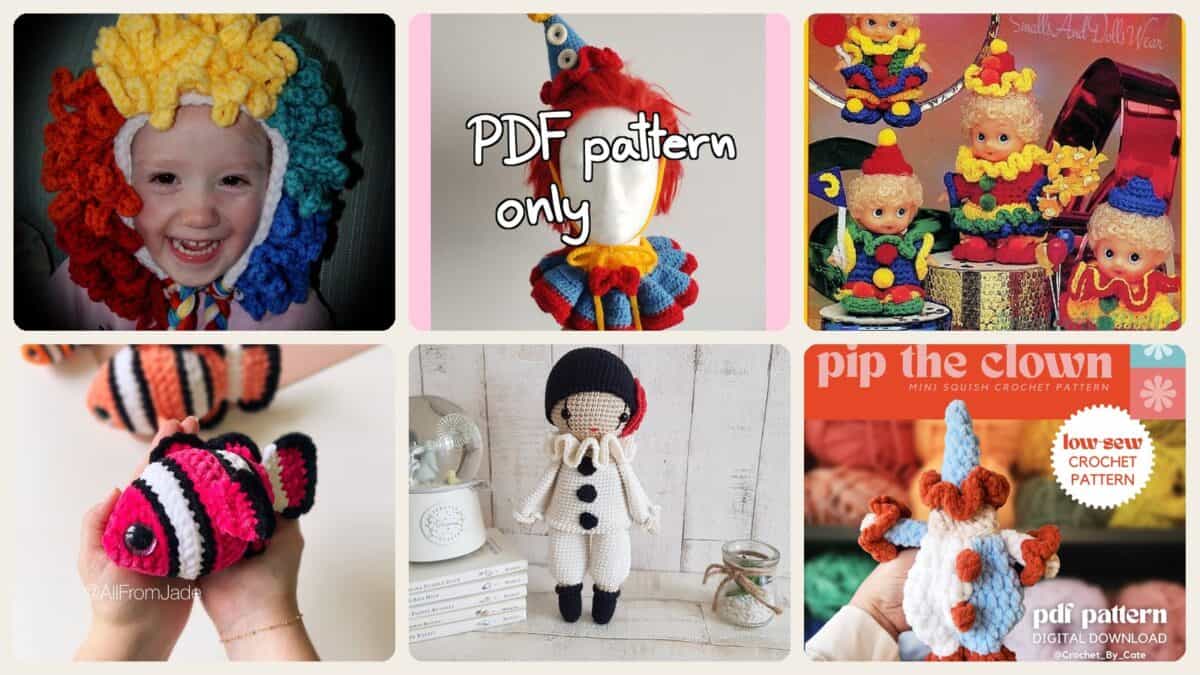 A selection of the crochet patterns in 40 Clown Crochet Patterns to Add Color, Character, and Circus Charm