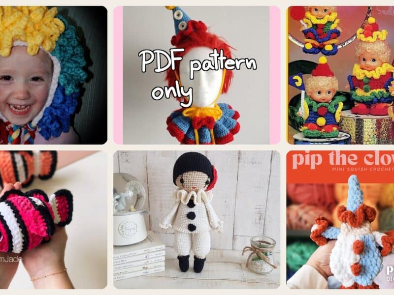 A selection of the crochet patterns in 40 Clown Crochet Patterns to Add Color, Character, and Circus Charm