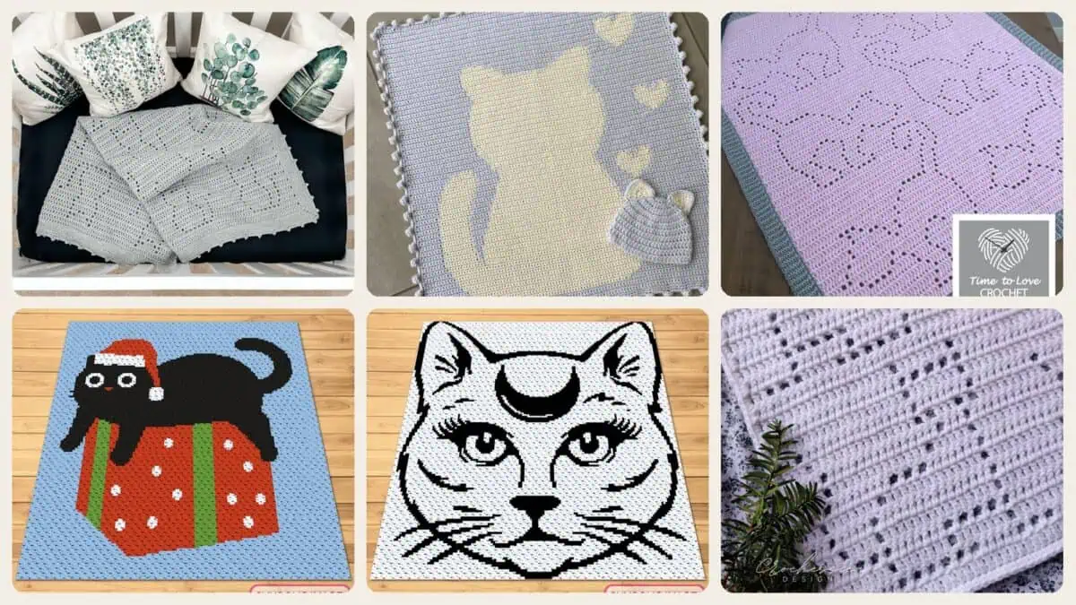 A selection of the crochet patterns in 37 Cat Blanket Crochet Patterns: Cozy, Graphic, and Granny-Square Designs