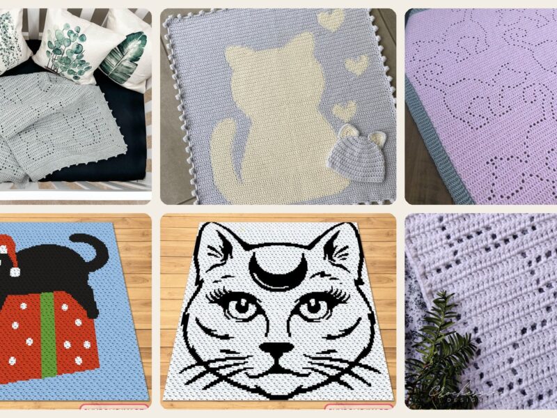 A selection of the crochet patterns in 37 Cat Blanket Crochet Patterns: Cozy, Graphic, and Granny-Square Designs