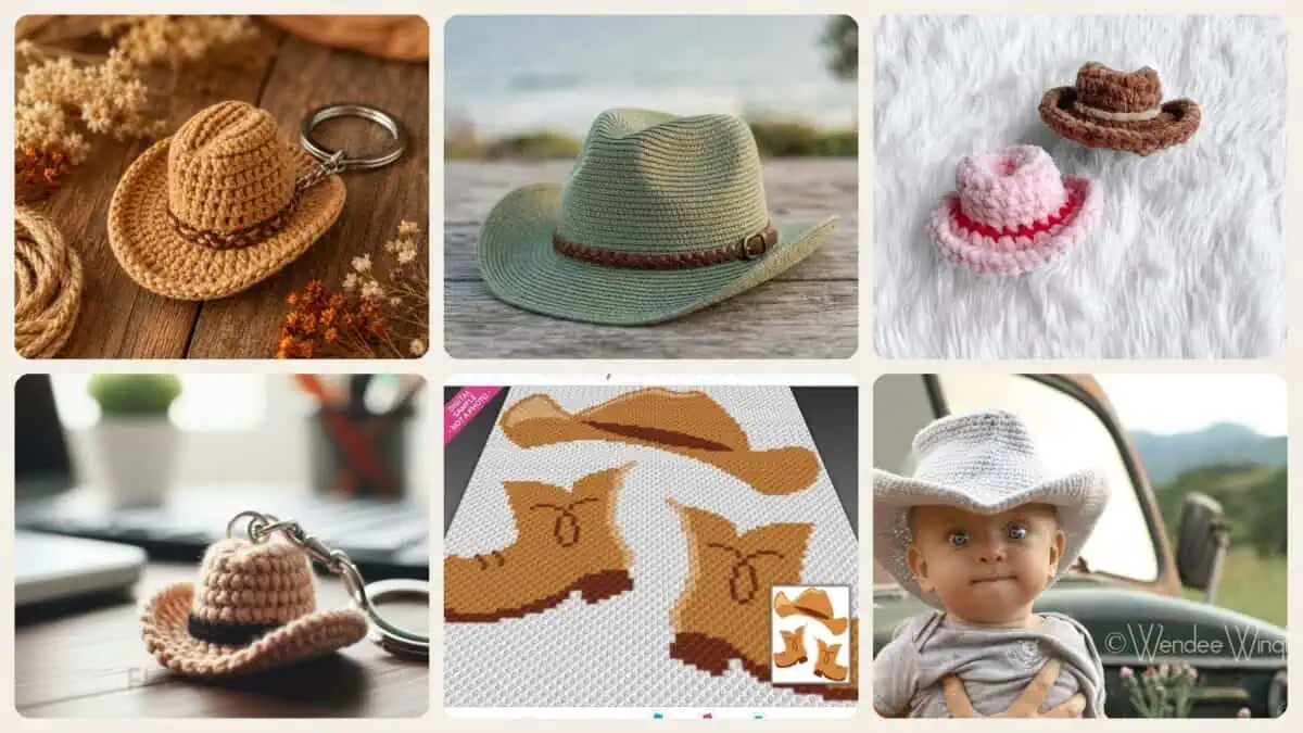 A selection of the crochet patterns in 29 Cowboy Hat Crochet Patterns for Western-Inspired Hats, Miniatures, and Giftable Makes