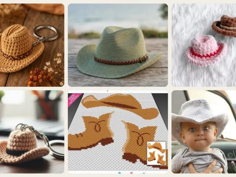 A selection of the crochet patterns in 29 Cowboy Hat Crochet Patterns for Western-Inspired Hats, Miniatures, and Giftable Makes