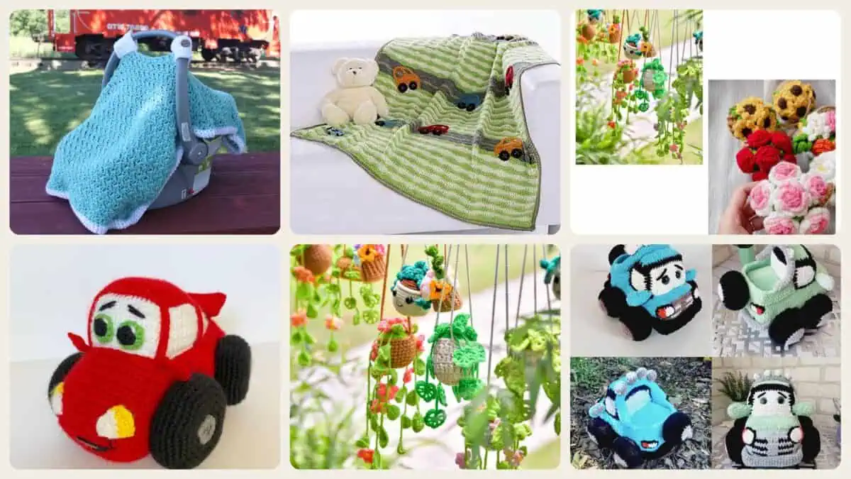 A selection of the crochet patterns in 14 Crochet Car Patterns to Stitch Fun Vehicles, Classic Cars, and Cute Amigurumi Designs