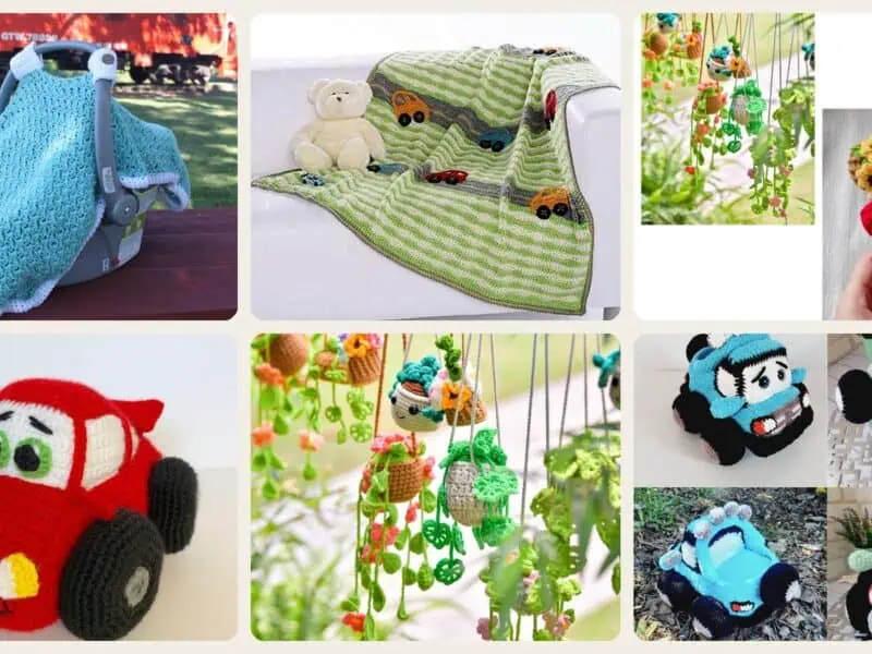 A selection of the crochet patterns in 14 Crochet Car Patterns to Stitch Fun Vehicles, Classic Cars, and Cute Amigurumi Designs