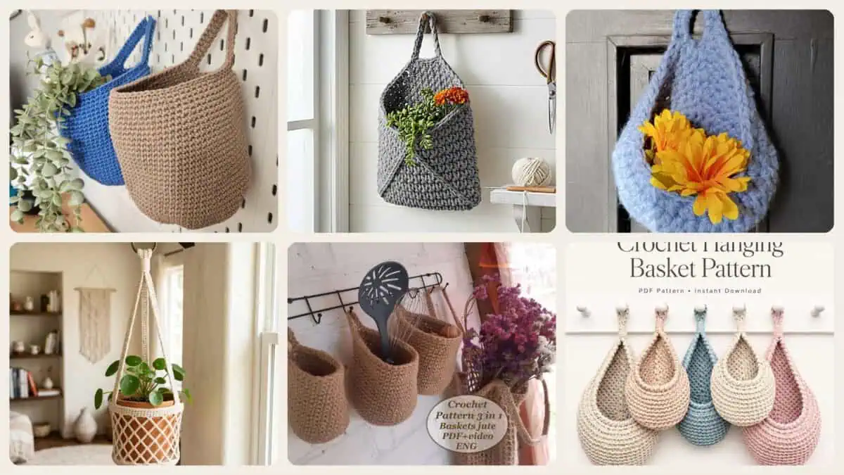 A selection of the crochet patterns in 40 Hanging Basket Crochet Patterns to Organize, Display, and Decorate Beautifully