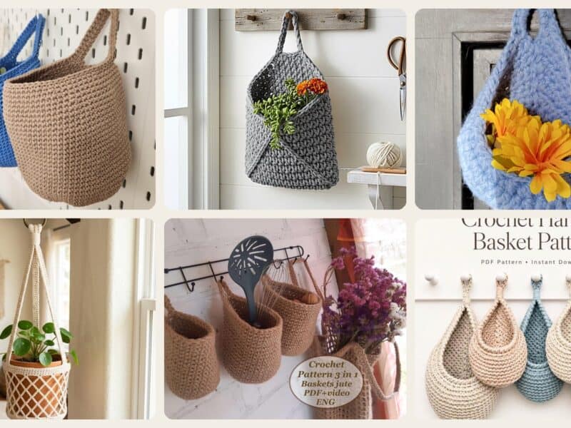 A selection of the crochet patterns in 40 Hanging Basket Crochet Patterns to Organize, Display, and Decorate Beautifully