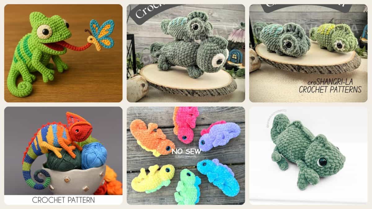A selection of the crochet patterns in 40 Chameleon Crochet Patterns to Stitch for Gifts, Decor, and Playful Amigurumi