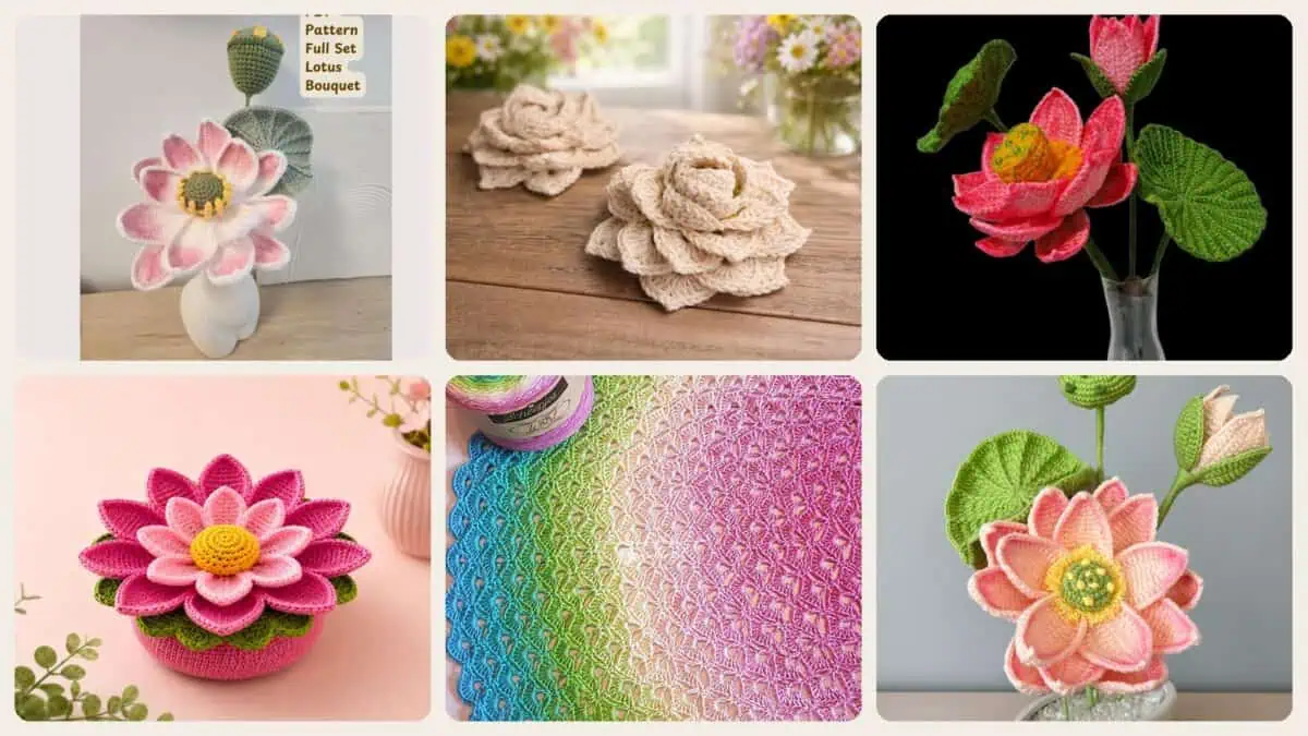 A selection of the crochet patterns in 19 Lotus Flower Crochet Patterns for Beautiful Decor, Gifts, and Giftable Makes