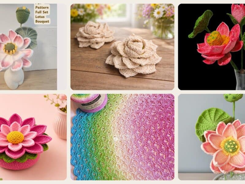A selection of the crochet patterns in 19 Lotus Flower Crochet Patterns for Beautiful Decor, Gifts, and Giftable Makes