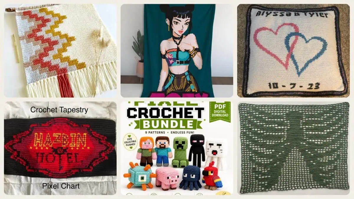 A selection of the crochet patterns in 30 Pixel Crochet Patterns for Bold Colorwork, Blankets, Bags, and Amigurumi