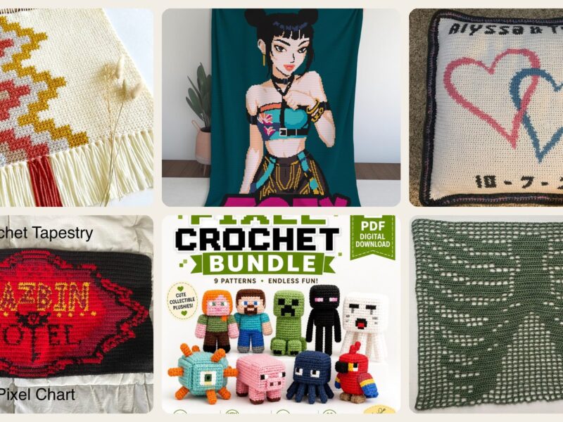 A selection of the crochet patterns in 30 Pixel Crochet Patterns for Bold Colorwork, Blankets, Bags, and Amigurumi