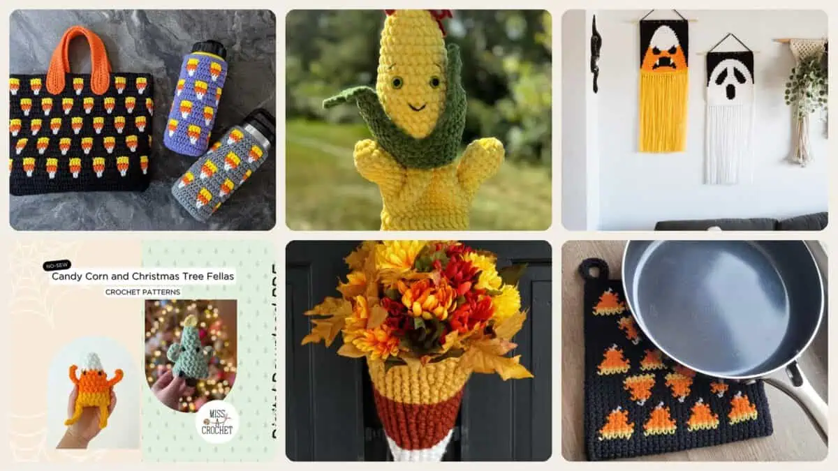 A selection of the crochet patterns in 40 Candy Corn Crochet Patterns to Sweeten Your Autumn Decor