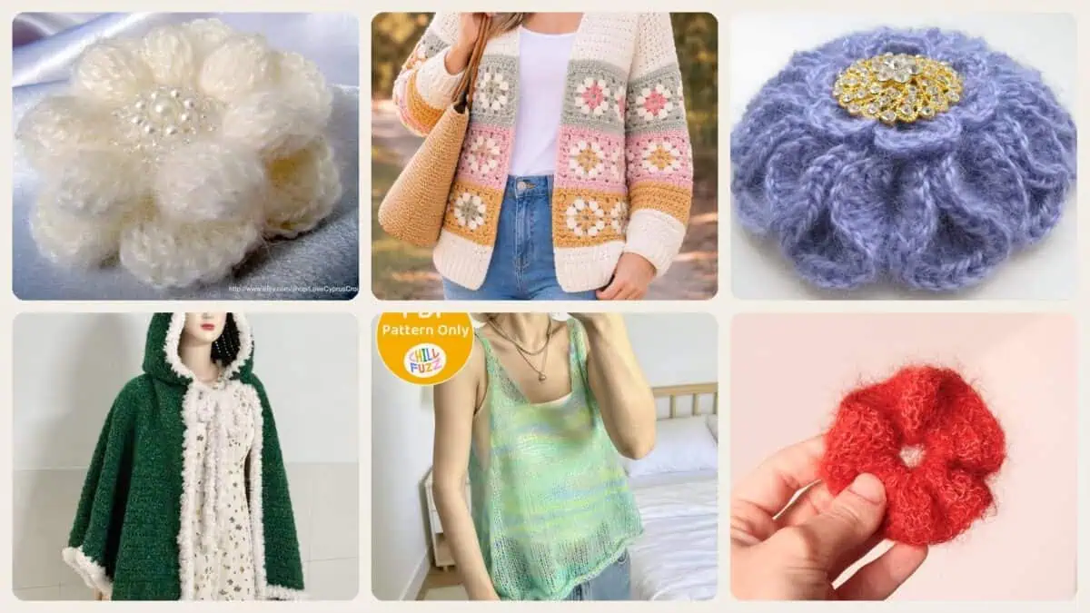 A selection of the crochet patterns in 40 Mohair Crochet Patterns for Luxurious Layers, Accessories, and Cozy Home Projects