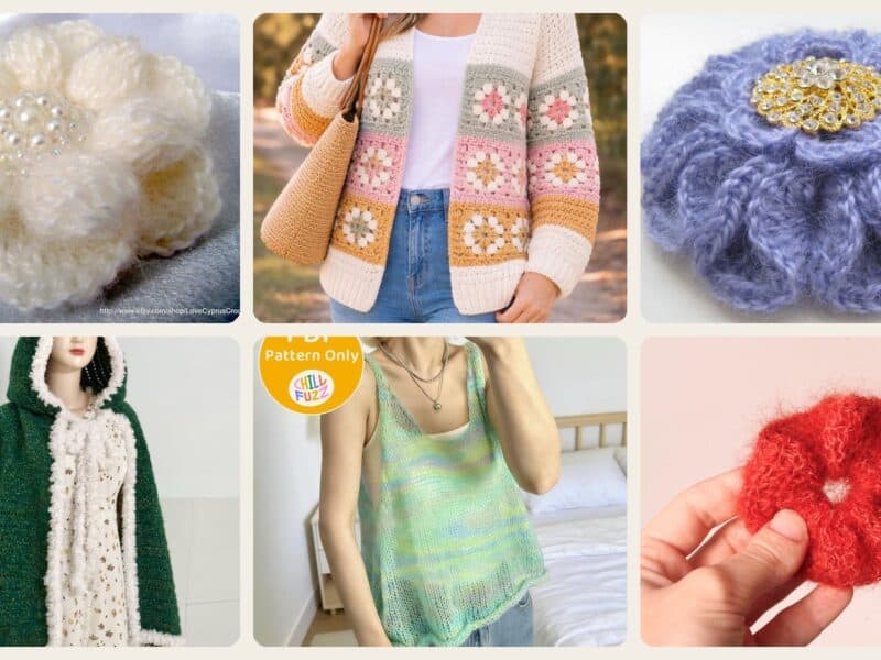 A selection of the crochet patterns in 40 Mohair Crochet Patterns for Luxurious Layers, Accessories, and Cozy Home Projects