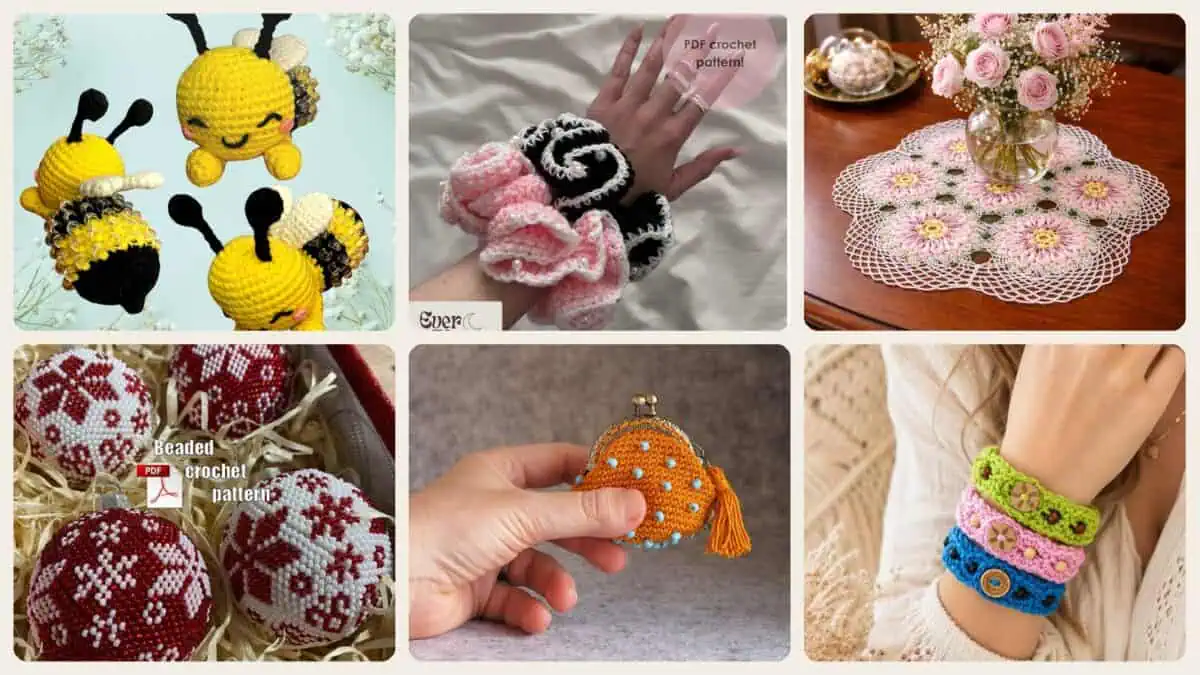 A selection of the crochet patterns in 40 Beaded Crochet Patterns to Add Sparkle, Texture, and Giftable Charm