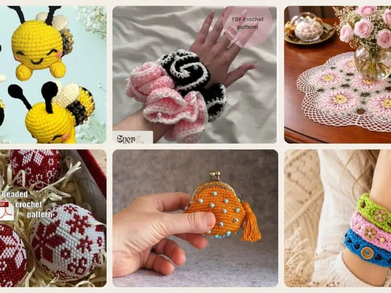 A selection of the crochet patterns in 40 Beaded Crochet Patterns to Add Sparkle, Texture, and Giftable Charm