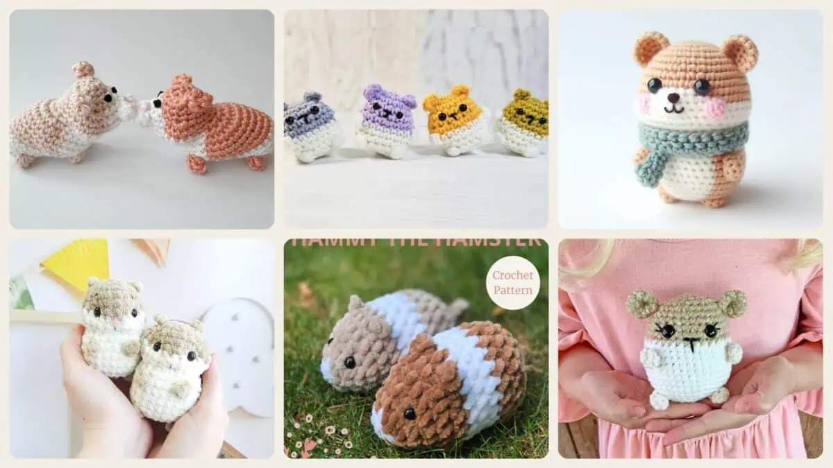 A selection of the crochet patterns in 26 Hamster Crochet Patterns for Adorable Gifts, Desk Decor, and Tiny Plushie Fun