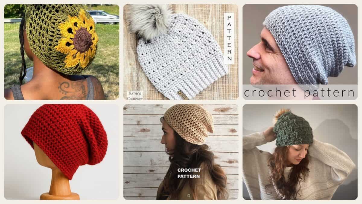 A selection of the crochet patterns in 40 Hipster Slouchy Beanie Crochet Patterns for Stylish DIY Hats