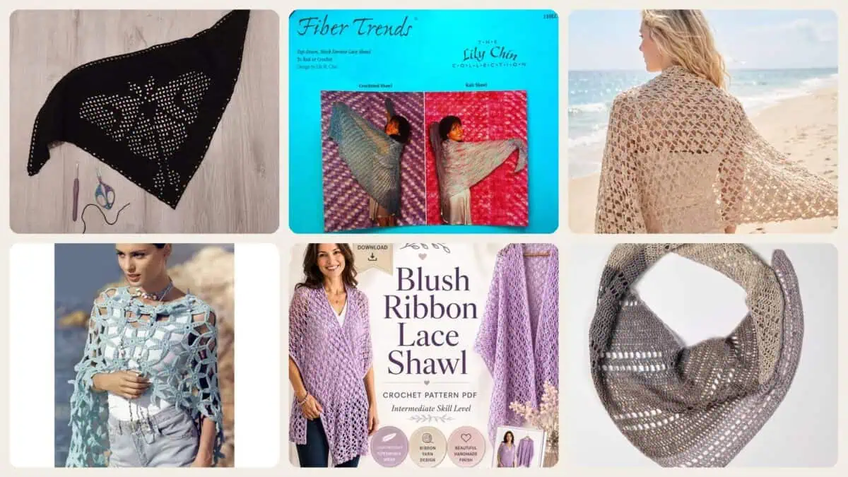 A selection of the crochet patterns in 40 Lace Shawl Crochet Patterns for Elegant Wraps, Gifts, and Special-Occasion Layers