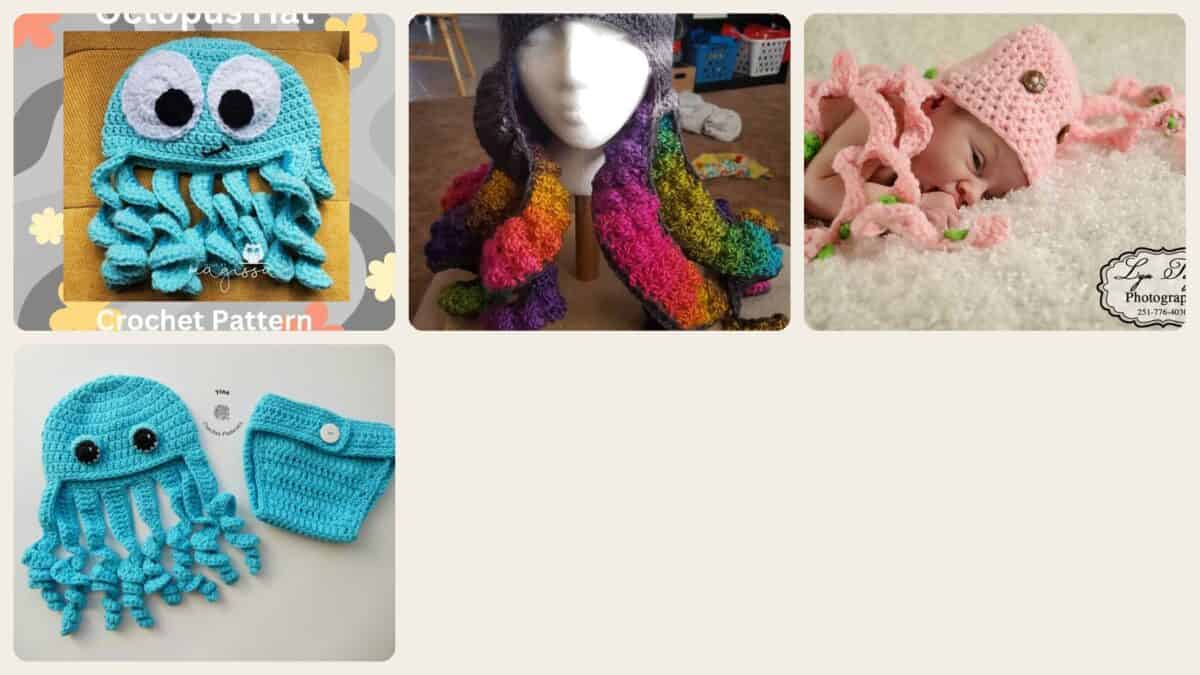 A selection of the crochet patterns in 4 Octopus Hat Crochet Patterns for Playful Sea-Creature Style