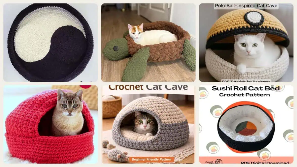A selection of the crochet patterns in 40 Cat Bed Crochet Patterns for Cozy Caves, Pods, and Pet Nests