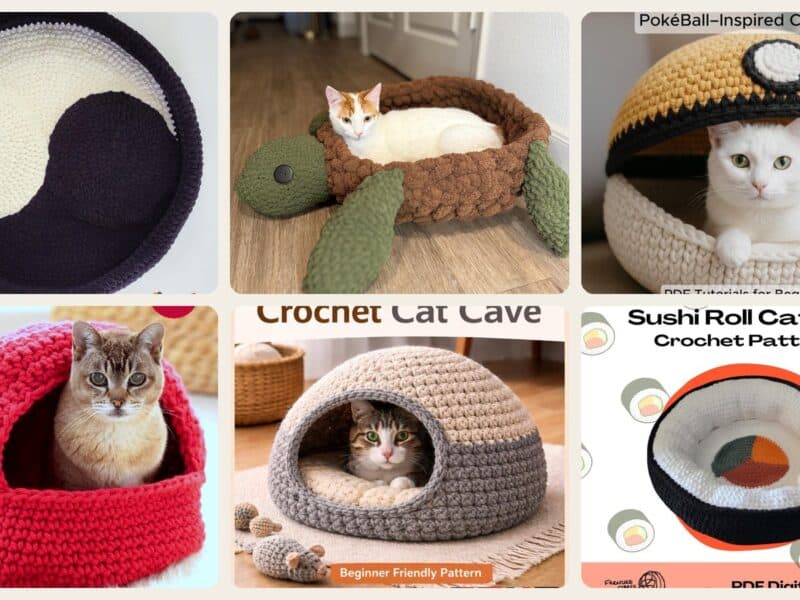 A selection of the crochet patterns in 40 Cat Bed Crochet Patterns for Cozy Caves, Pods, and Pet Nests