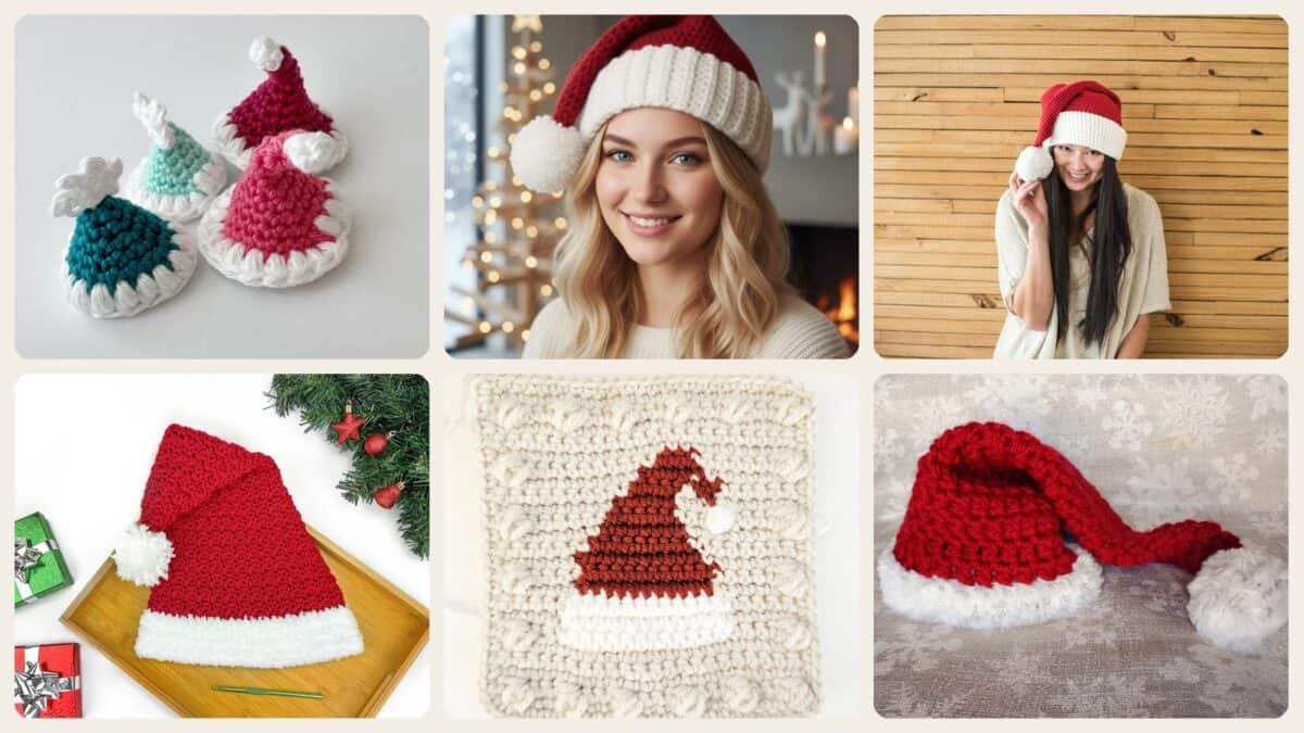 A selection of the crochet patterns in 40 Santa Hat Crochet Patterns for Festive Photos, Costumes, and Cozy Holiday Makes