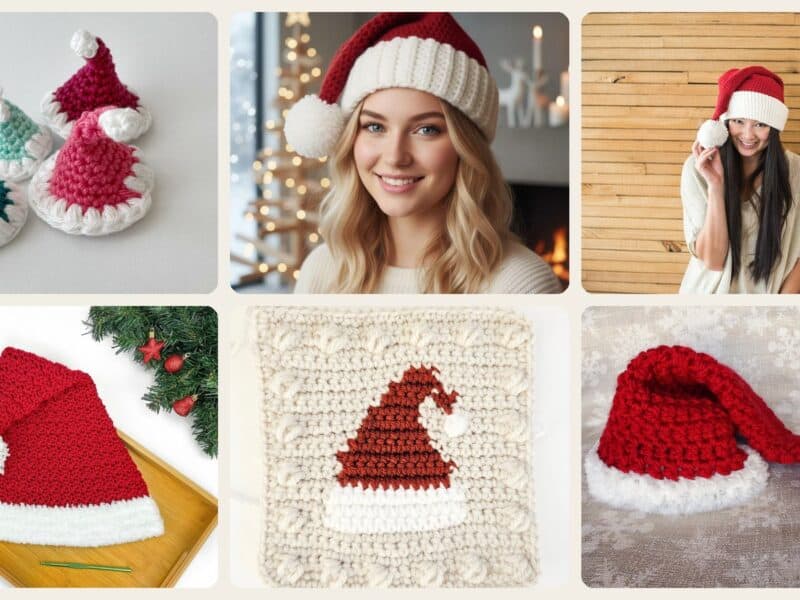 A selection of the crochet patterns in 40 Santa Hat Crochet Patterns for Festive Photos, Costumes, and Cozy Holiday Makes