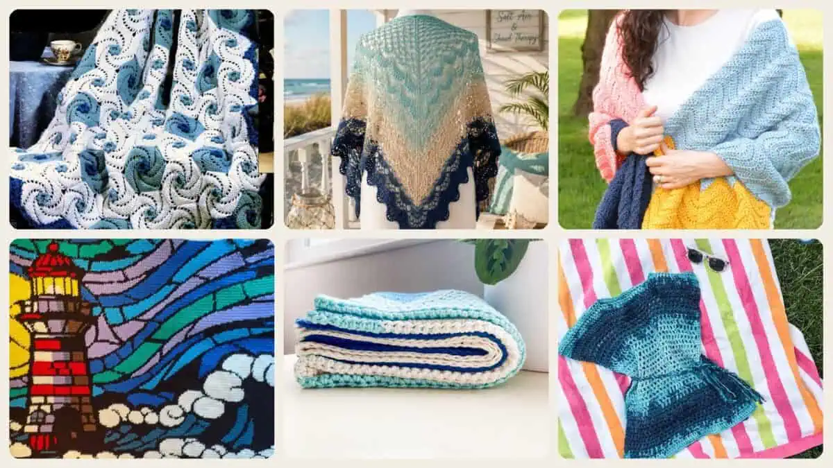 A selection of the crochet patterns in 12 Ocean Waves Crochet Patterns: Bring Coastal Texture to Blankets, Bags, and Gifts