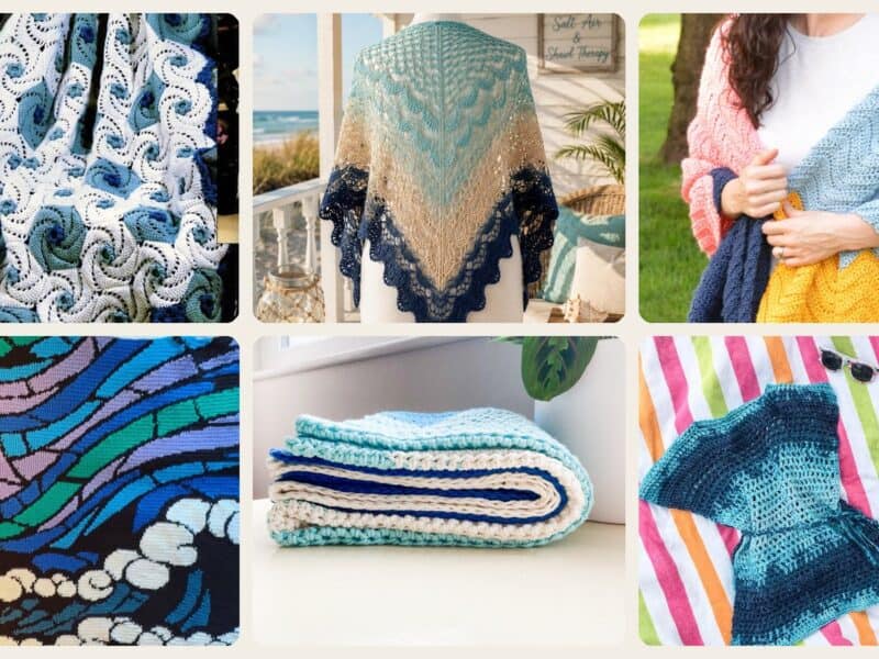 A selection of the crochet patterns in 12 Ocean Waves Crochet Patterns: Bring Coastal Texture to Blankets, Bags, and Gifts