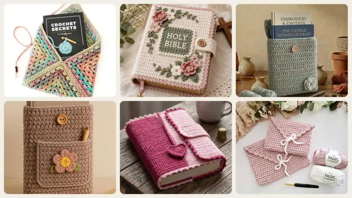 A selection of the crochet patterns in 40 Book Sleeve Crochet Patterns for Stylish, Protective Handmade Reading Accessories