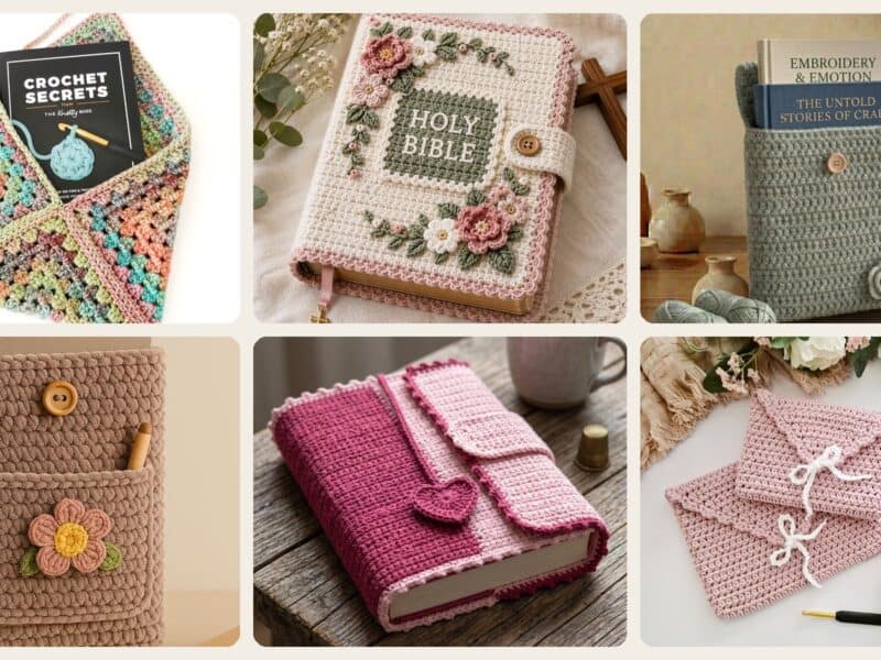 A selection of the crochet patterns in 40 Book Sleeve Crochet Patterns for Stylish, Protective Handmade Reading Accessories