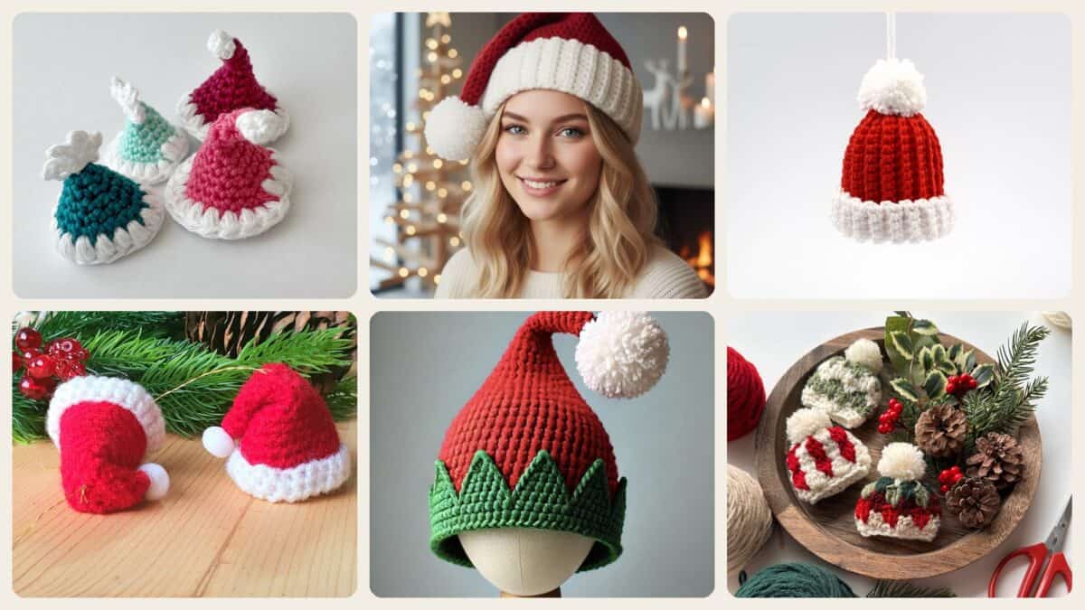 A selection of the Christmas tree hats patterns in this roundup