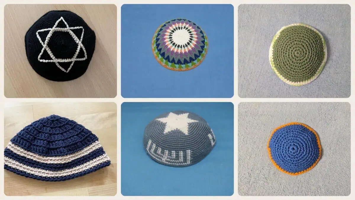 A selection of the crochet patterns in 16 Crochet Kippah Patterns for Everyday Wear, Gifts, and Judaica-Inspired Style
