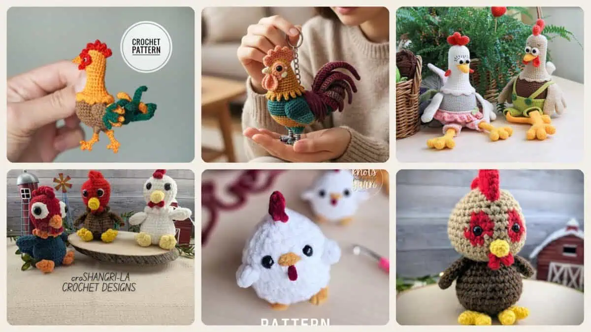 A selection of the crochet patterns in 40 Rooster Crochet Patterns to Add Farmhouse Charm to Your Home Decor