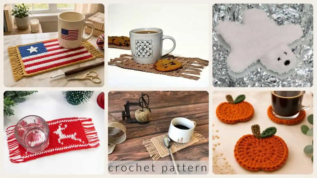 A selection of the crochet patterns in 40 Mug Rug Crochet Patterns: Enhance Your Coffee Breaks in Style!