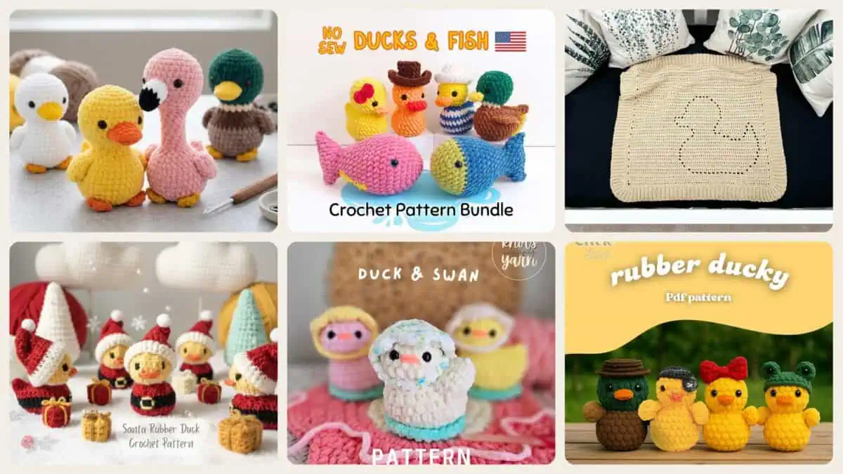 A selection of the crochet patterns in 34 Rubber Duck Crochet Patterns for Quirky Handmade Gifts and Cute Decor