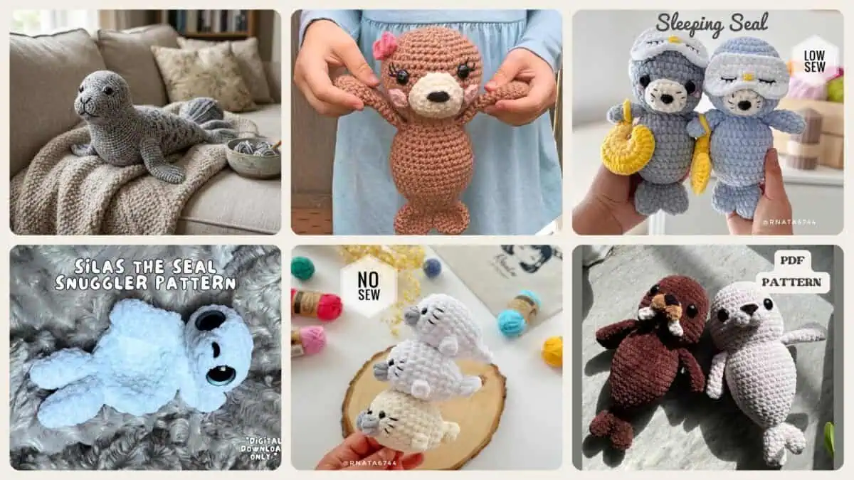 A selection of the crochet patterns in 40 Seal Crochet Patterns for Ocean-Themed Amigurumi, Gifts, and Cozy Decor