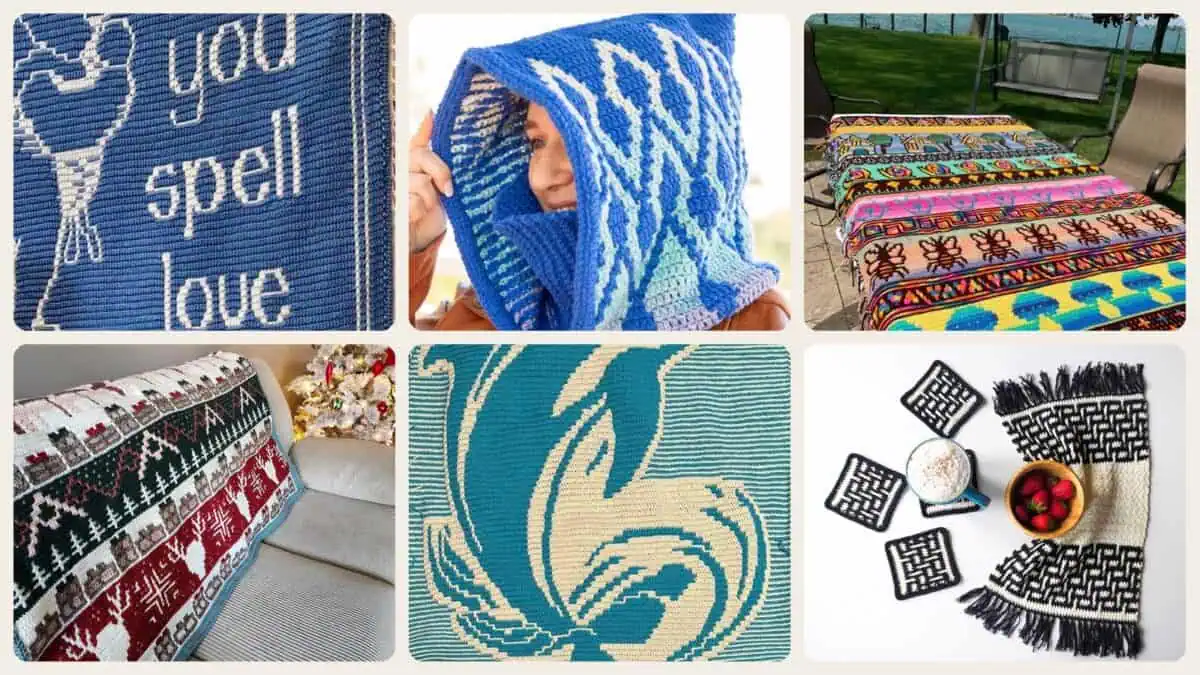 A selection of the crochet patterns in 40 Mosaic Crochet Patterns: Boost Your Skills with Vibrant Designs