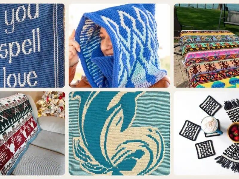 A selection of the crochet patterns in 40 Mosaic Crochet Patterns: Boost Your Skills with Vibrant Designs