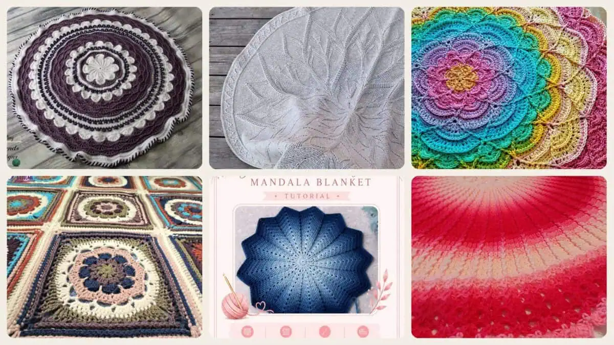 A selection of the crochet patterns in 20 Mandala Blanket Crochet Patterns for Round, Square, and Star-Inspired Throws