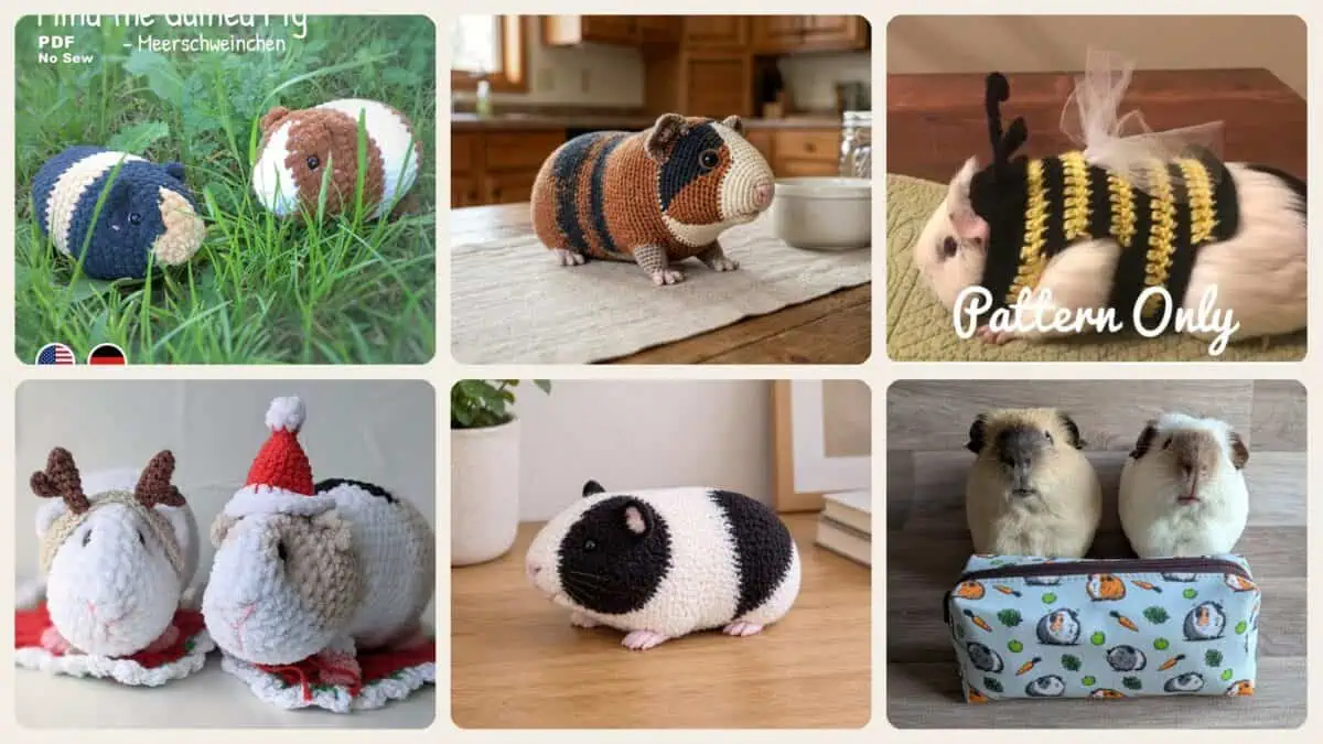 A selection of the crochet patterns in 30 Guinea Pig Crochet Patterns for Cute Amigurumi, Gifts, and Seasonal Makes