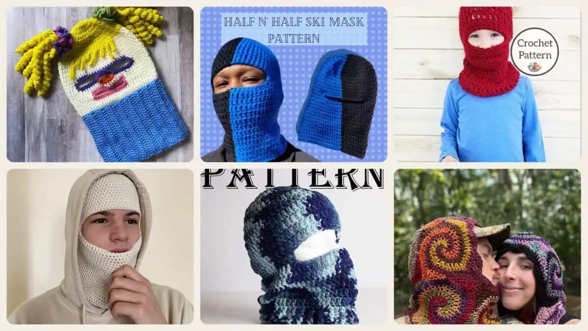 A selection of the crochet patterns in 7 Ski Mask Crochet Patterns for Winter Warmth, Costume Play, and Statement Style
