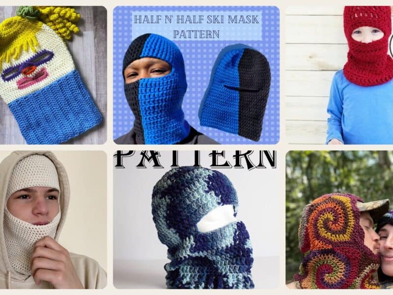 A selection of the crochet patterns in 7 Ski Mask Crochet Patterns for Winter Warmth, Costume Play, and Statement Style