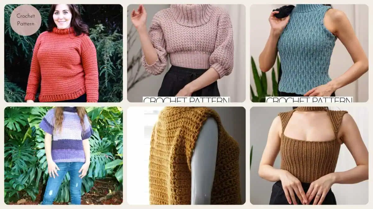 A selection of the crochet patterns in 40 Turtleneck Crochet Patterns for Cozy Layers, Modern Pullovers, and Textured Necklines